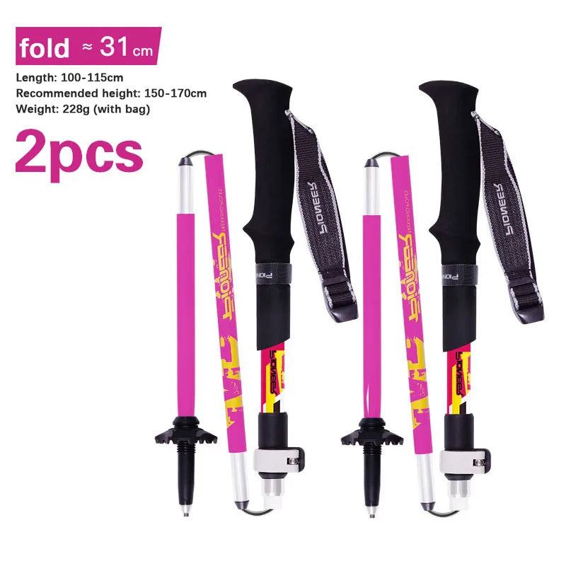 Folding Trekking Poles Carbon Fiber & Aluminium Lightweight Hiking Poles With Straight Grip Handle & Carbon Tungsten Steel Tip