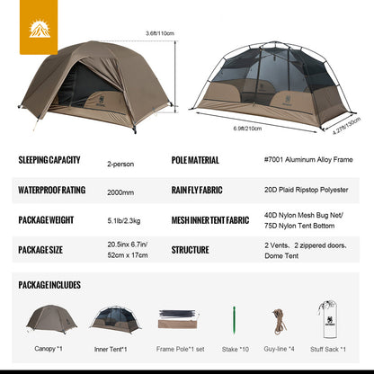 2-Person Backpacking Tent 70D Nylon 3-Season Easy Setup Instant Tent For Wild Camping Hiking Trekking Fishing