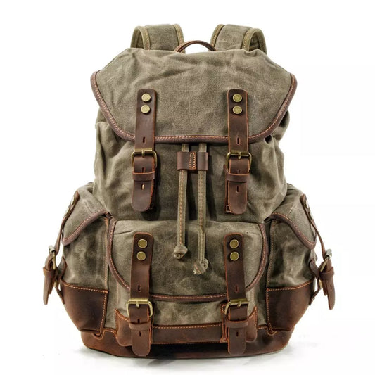 Vintage Waxed Canvas Backpack Unisex Daypack Waterproof Mountaineering Laptop Travel Pack Rucksack For Hiking Travellers Students & Daytrippers