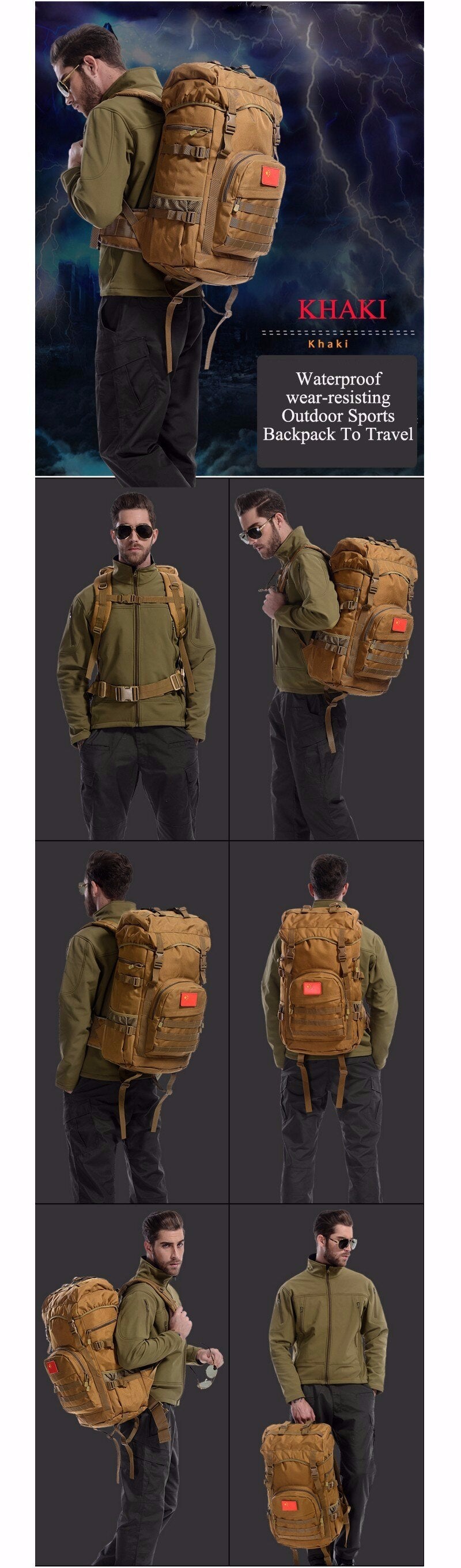 Khaki Tactical Camo Backpack 50L Capacity and Molle System for Mountaineering, Climbing, Hiking, and Travel