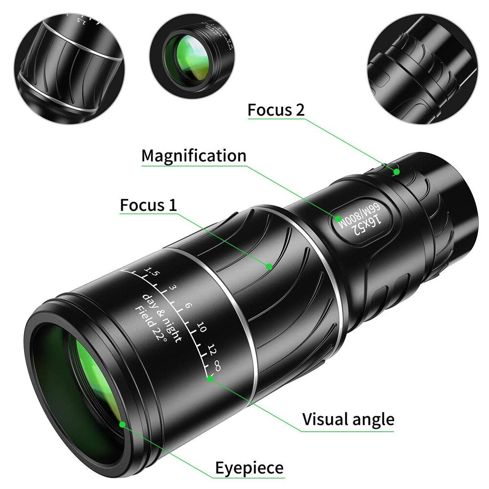 Powerful and Compact 16x52 Dual Focus Monocular Telescope with Fully Coated Optics for Outdoor Sports and Camping