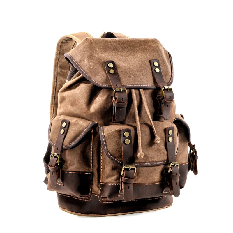 Vintage Waxed Canvas Backpack Unisex Daypack Waterproof Mountaineering Laptop Travel Pack Rucksack For Hiking Travellers Students & Daytrippers