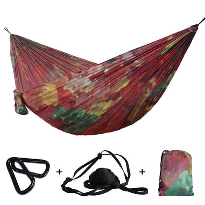 Portable Lightweight Double Hammock Printed Parachute Nylon Hammock with Carabiners and Hanging Kit for Outdoor Adventure Backpacking Travel