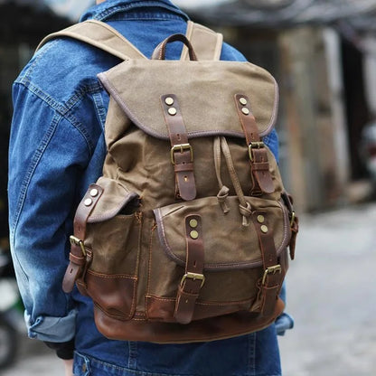 Vintage Waxed Canvas Backpack Unisex Daypack Waterproof Mountaineering Laptop Travel Pack Rucksack For Hiking Travellers Students & Daytrippers