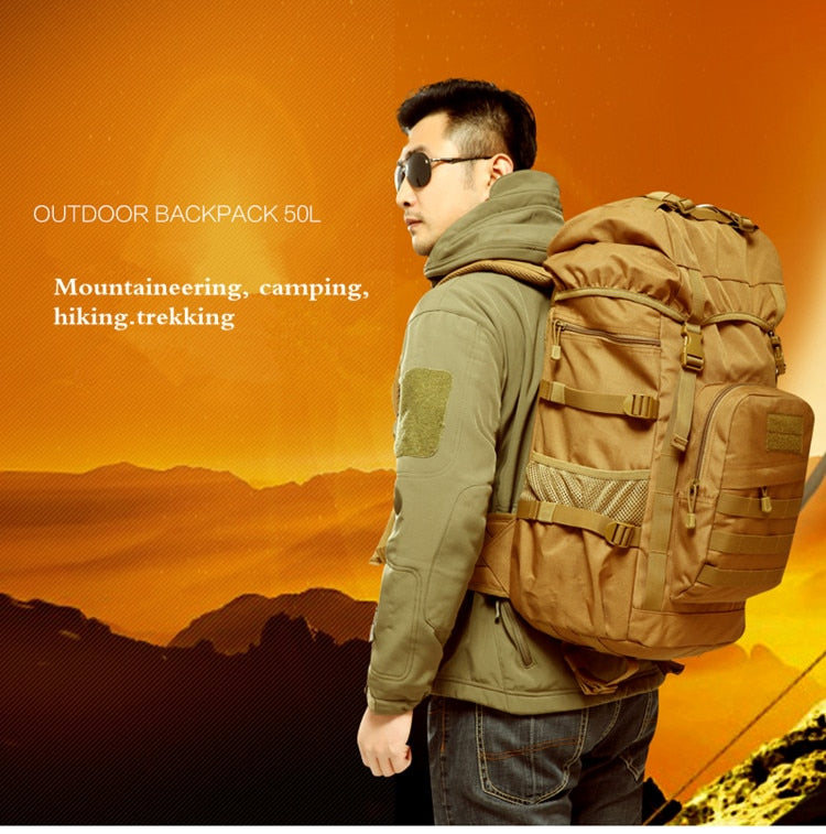 Khaki Tactical Camo Backpack 50L Capacity and Molle System for Mountaineering, Climbing, Hiking, and Travel