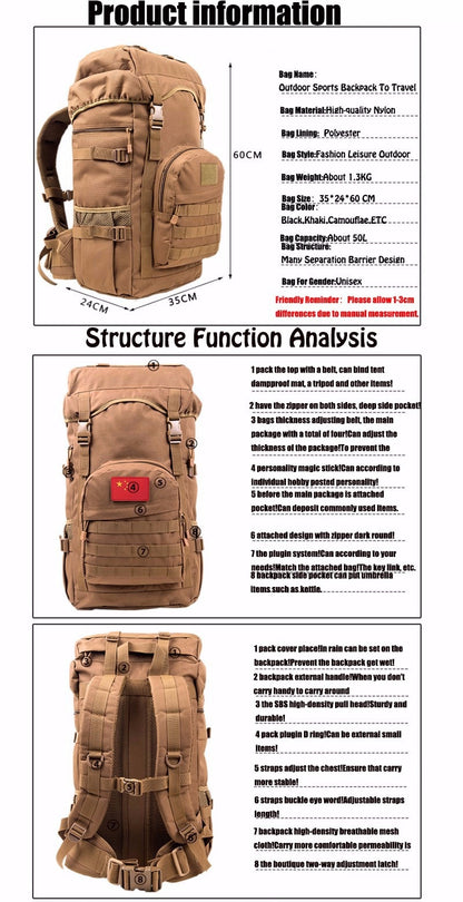 Khaki Tactical Camo Backpack 50L Capacity and Molle System for Mountaineering, Climbing, Hiking, and Travel