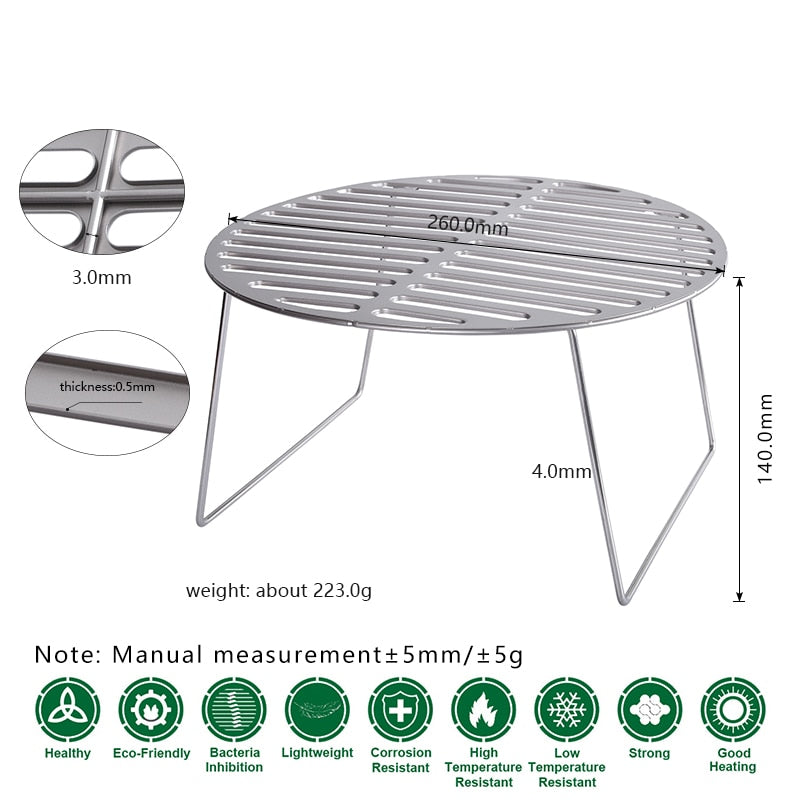 Ultralight Titanium Folding Campfire Grill Table - Round BBQ Grill Gridiron with Legs & Carrying Bag For Solo Hiking Camping Expeditions