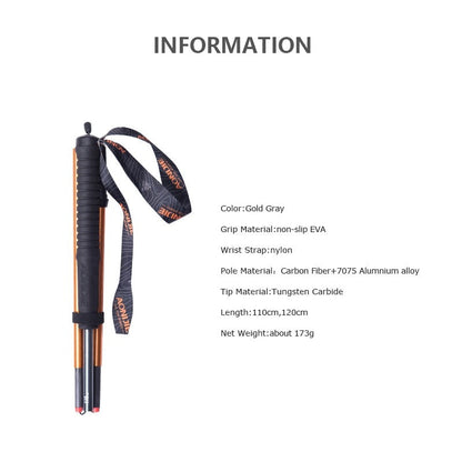 Folding Ultralight Trekking Poles Hiking Walking Stick Carbon Fiber Shaft With Carbon Tungsten Steel Tip - 110/120/130cm