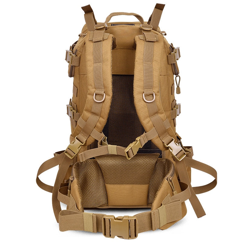 Large Capacity 50L Khaki Camouflage Molle Tactical Backpack With Air Cushion Belt for Travel, Hiking, and Camping