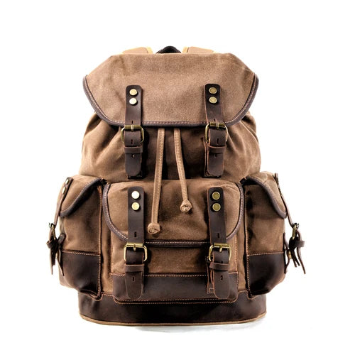 Vintage Waxed Canvas Backpack Unisex Daypack Waterproof Mountaineering Laptop Travel Pack Rucksack For Hiking Travellers Students & Daytrippers