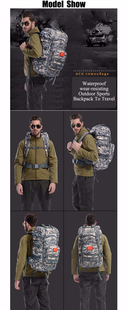 Khaki Tactical Camo Backpack 50L Capacity and Molle System for Mountaineering, Climbing, Hiking, and Travel