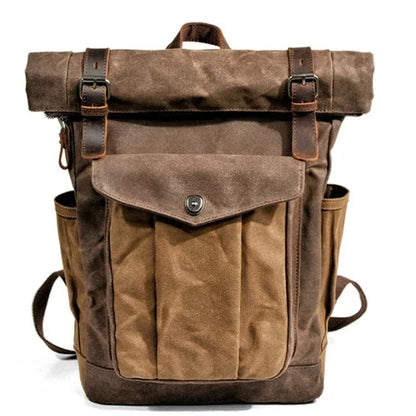 Classic Vintage Oil Waxed Leather & Canvas Roll Top Backpack Rucksack For Hiking, Backpacking, Day Tripping & Travel Outings