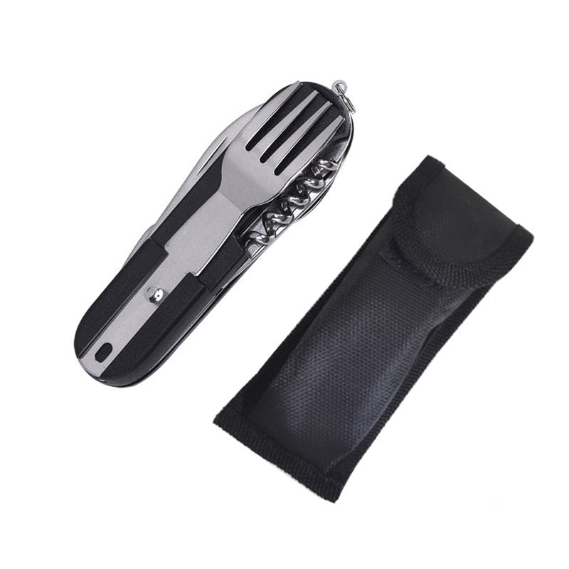 Multifunctional Stainless Steel Foldable Camping Cutlery Multi-Tool for Camping, Picnic, Hiking, and Travelling