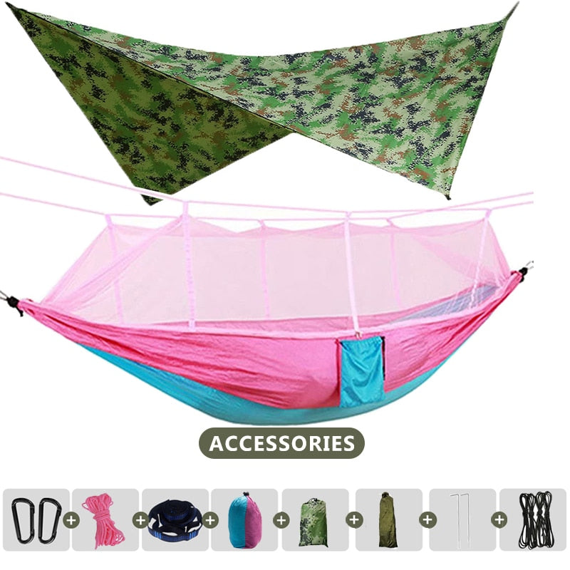 Large Camping Hammock 260x140cm With Mosquito Net And Canopy Lightweight Parachute Nylon Hammocks for Camping Hiking