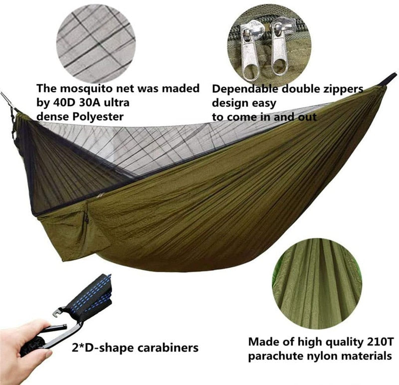 Lightweight Portable Travel Hammock With Mosquito Net + Canopy Awning 210T Nylon For Camping Hiking Backpacking