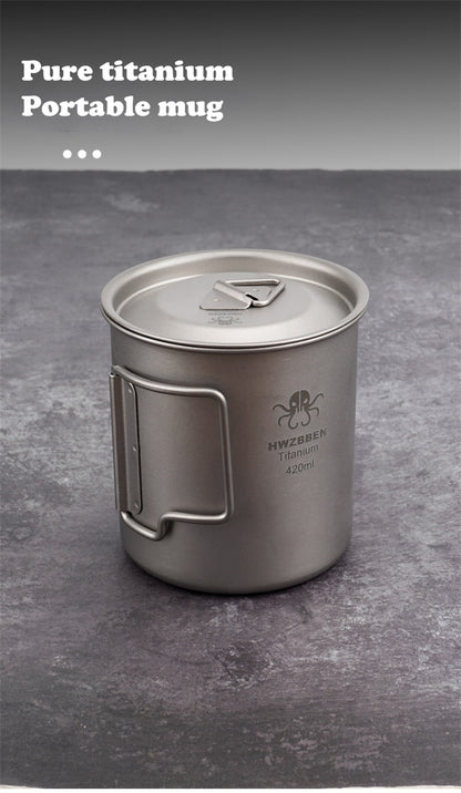 Pure Titanium Camping Mug with Lid and Folding Handles - An Ultra-Lightweight, Durable, and Heat-Resistant Mug for Outdoor Activities