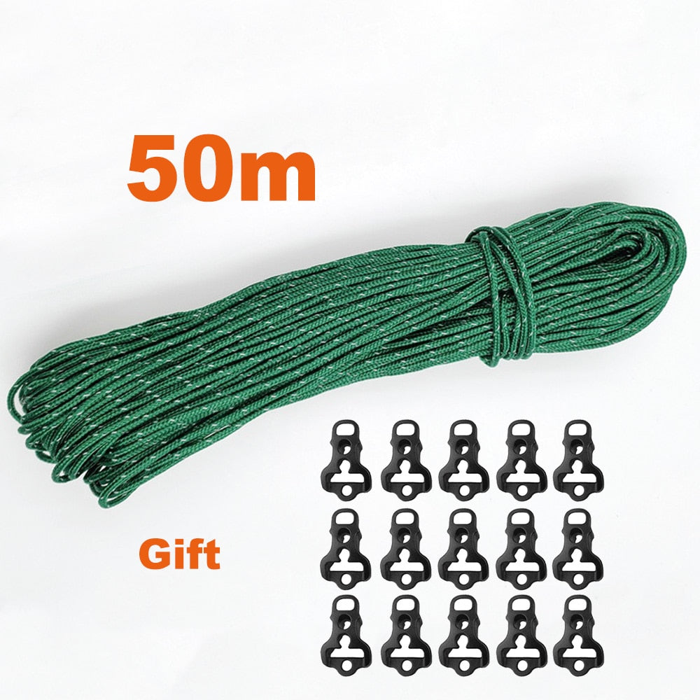 Reflective High Strength Paracord Guy Lines For Tents, Tarps & Awnings - 20m/50m Multifunction Camping Rope, With Tensioners 