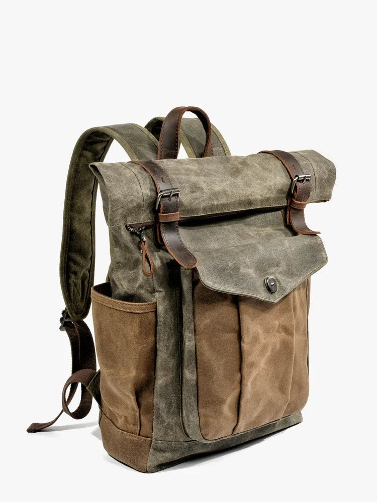 Luxury Vintage Oil Waxed Leather & Canvas Backpack Classic Style Retro Roll Top Rucksack For Hiking Backpacking Day Tripping & Travel