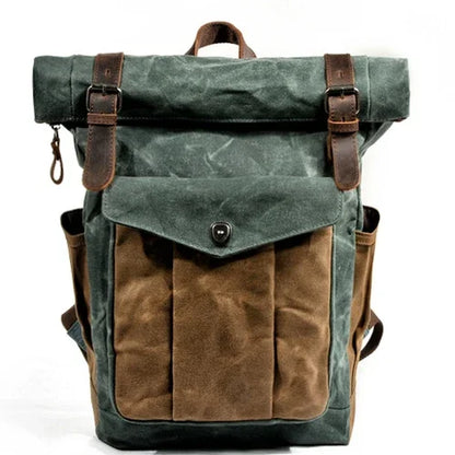 Luxury Vintage Oil Waxed Leather & Canvas Backpack Classic Style Retro Roll Top Rucksack For Hiking Backpacking Day Tripping & Travel