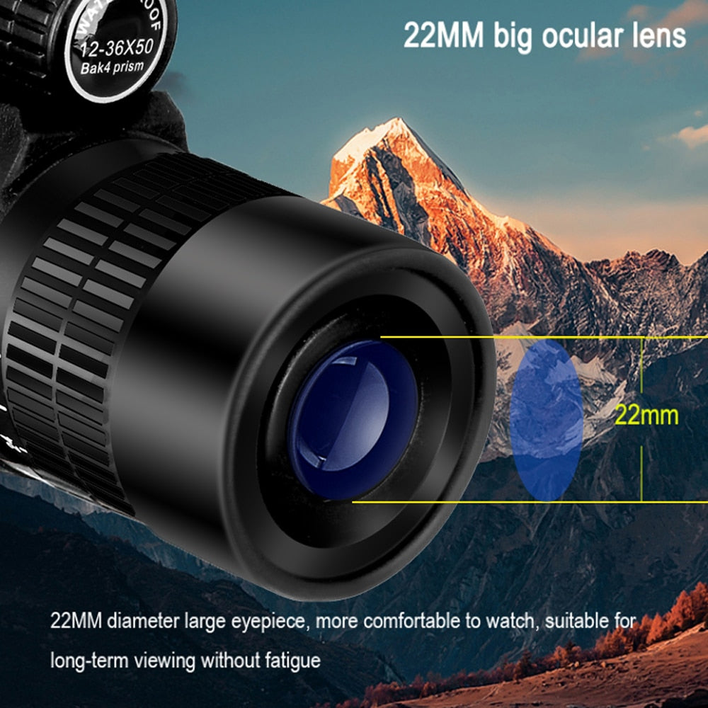 High Power 12-36x50 Monocular BAK4 Prism Optical Lens Light Night Vision Birdwatching Binoculars