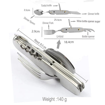 Multifunctional Stainless Steel Foldable Camping Cutlery Multi-Tool for Camping, Picnic, Hiking, and Travelling