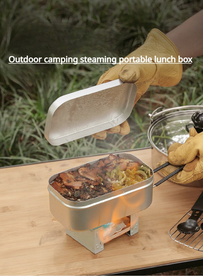 Aluminum Reheatable Lunch Box with Lid, Steam Rack & Foldable Handle for Hiking, Camping and Travel