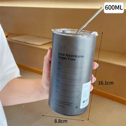 Thermos Coffee Cup 304 Stainless Steel Double Layer Cooler Straw Cup Portable Reusable