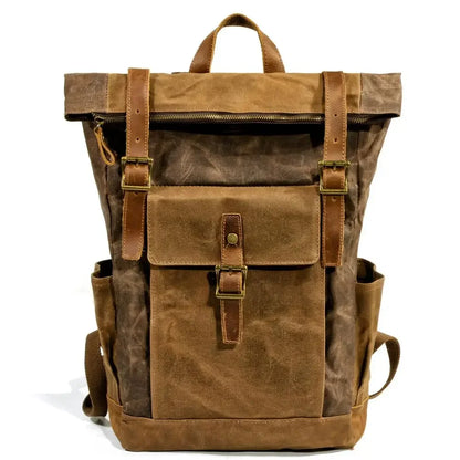 Luxury Vintage Oil Waxed Leather & Canvas Backpack Classic Style Retro Roll Top Rucksack For Hiking Backpacking Day Tripping & Travel