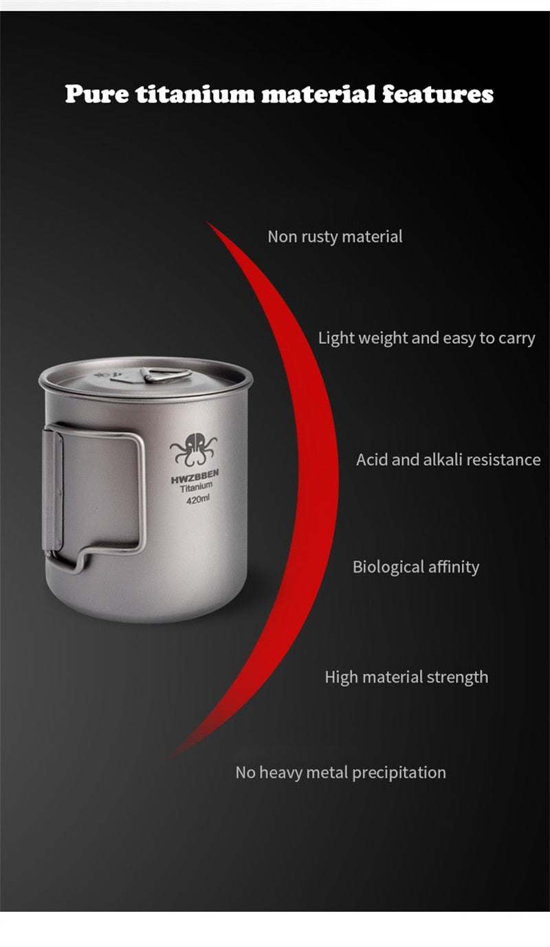 Pure Titanium Camping Mug with Lid and Folding Handles - An Ultra-Lightweight, Durable, and Heat-Resistant Mug for Outdoor Activities