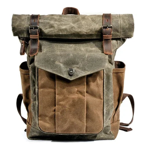 Luxury Vintage Oil Waxed Leather & Canvas Backpack Classic Style Retro Roll Top Rucksack For Hiking Backpacking Day Tripping & Travel