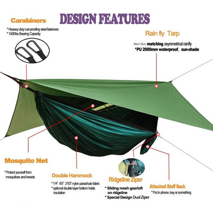 Lightweight Portable Travel Hammock With Mosquito Net + Canopy Awning 210T Nylon For Camping Hiking Backpacking