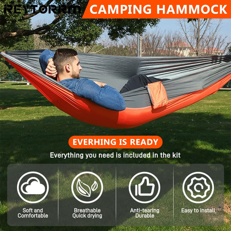 Survival Camping Hammock 220x100cm For Camping Hunting Outdoor Survival Portable For Single Person - With Ropes & Carabiners