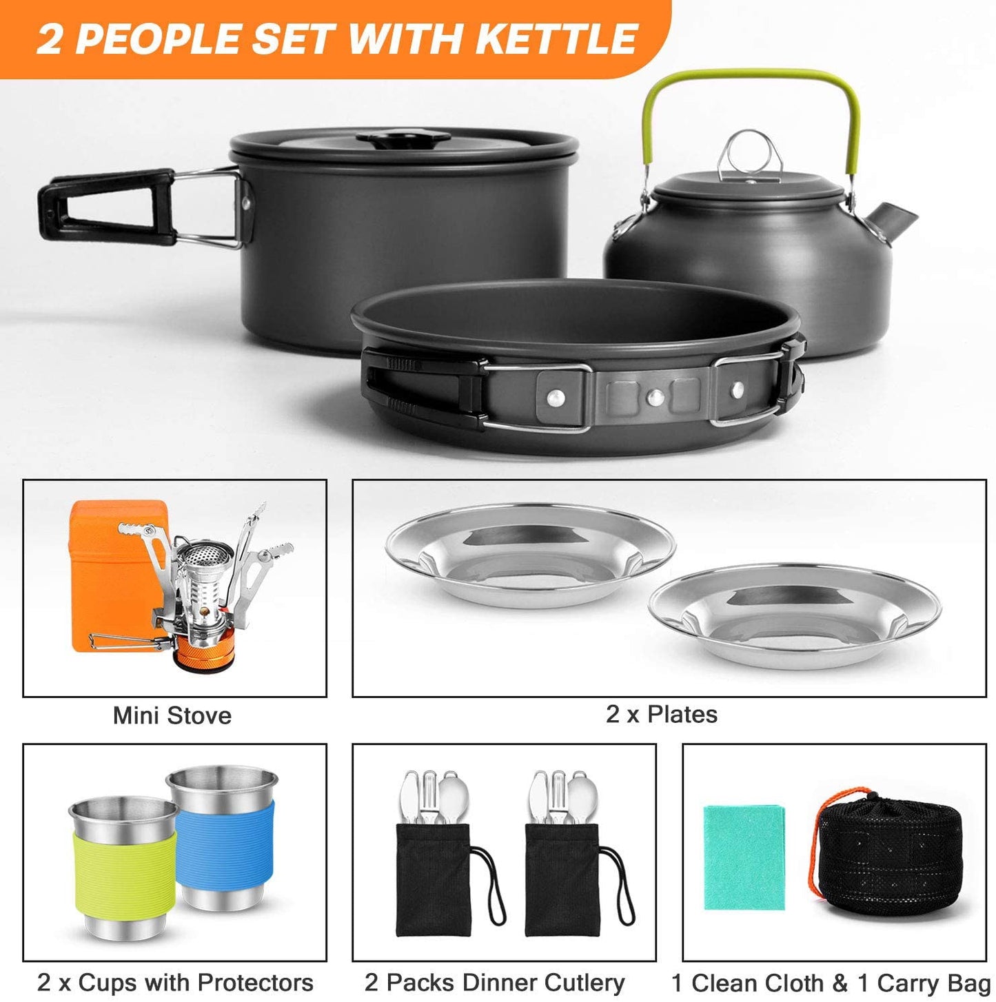 Camping Cooking Kettle Pots Pans Gas Stove Set Aluminum Cookware Stainless Steel Tableware for 2-3 People