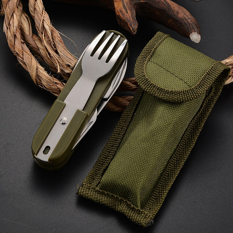 Multifunctional Stainless Steel Foldable Camping Cutlery Multi-Tool for Camping, Picnic, Hiking, and Travelling