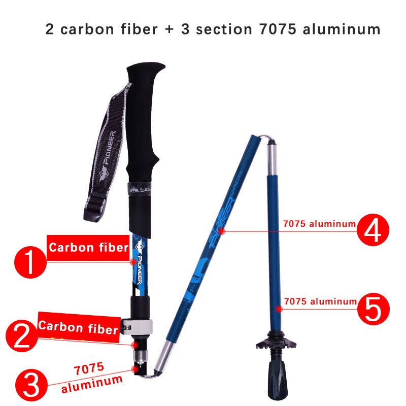 Set of 2 Trekking Poles Ultra Light Carbon Fiber & Aluminum Foldable Hiking Poles Collapsible 5 Sections, Rubber Grip Handle