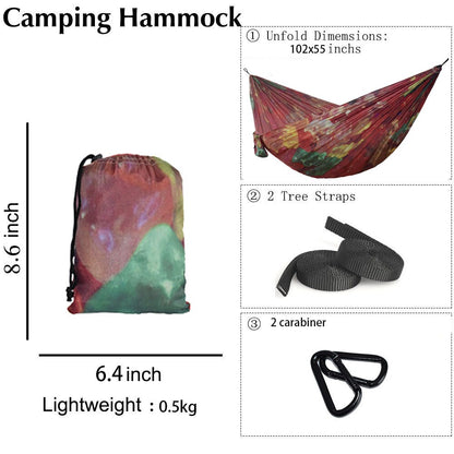 Portable Lightweight Double Hammock Printed Parachute Nylon Hammock with Carabiners and Hanging Kit for Outdoor Adventure Backpacking Travel