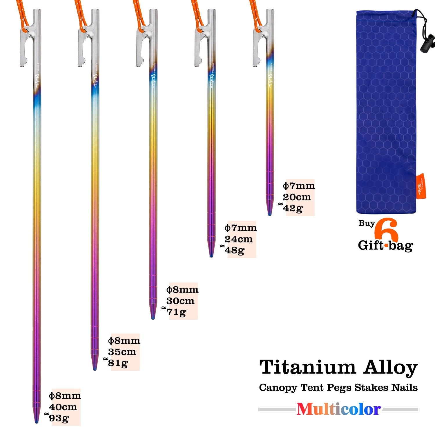 Ultralight Titanium Alloy Gradient Tent Pegs For Camping, Awnings, Premium Tarp Stakes For Hard Ground  20-40 cm