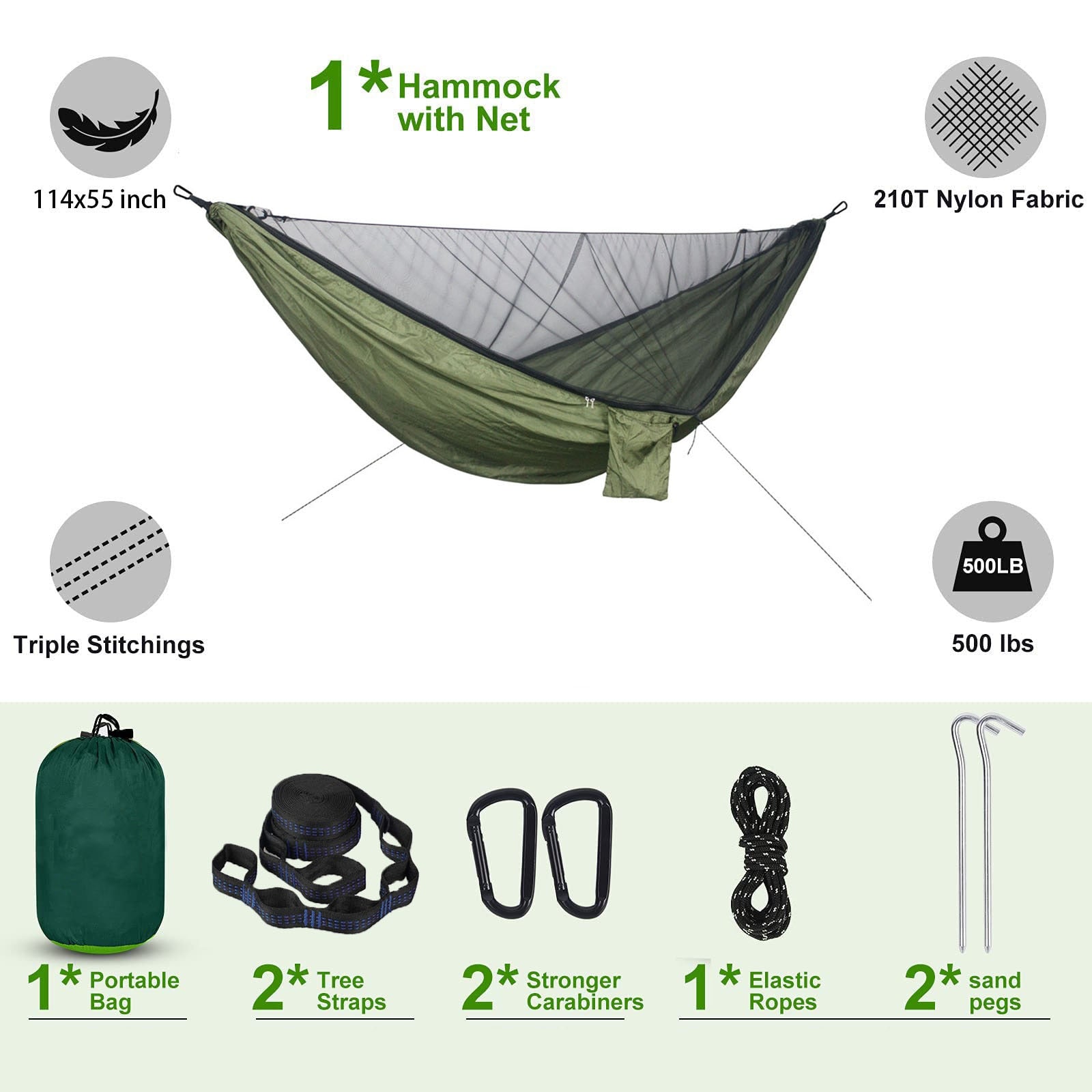 Lightweight 290x140cm Hammock With Mosquito Net - Quick Set Up With 2 Tree Straps 