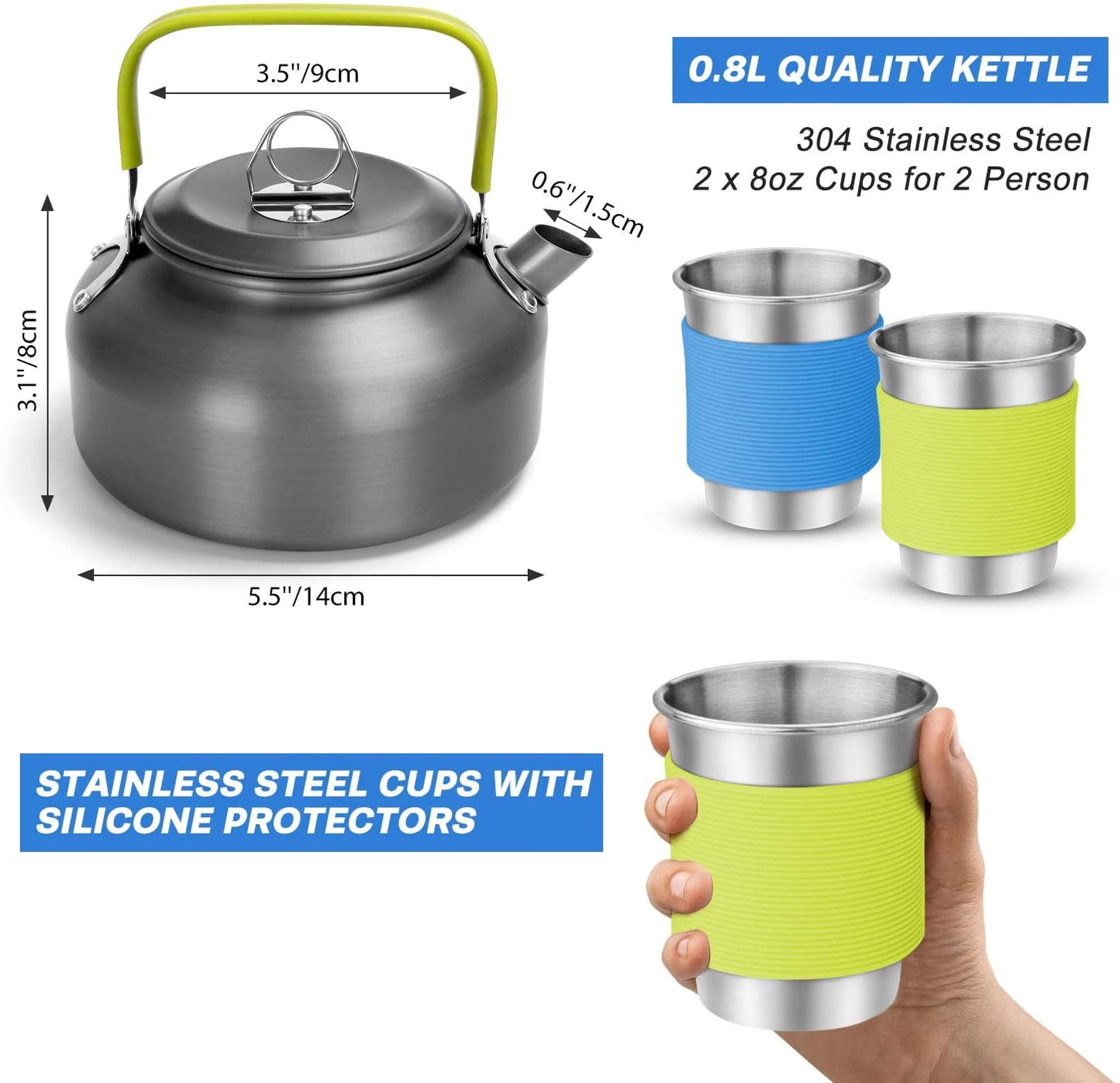 Camping Cooking Kettle Pots Pans Gas Stove Set Aluminum Cookware Stainless Steel Tableware for 2-3 People