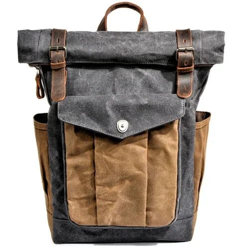 Luxury Vintage Oil Waxed Leather & Canvas Backpack Classic Style Retro Roll Top Rucksack For Hiking Backpacking Day Tripping & Travel