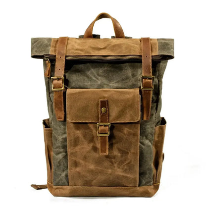 Luxury Vintage Oil Waxed Leather & Canvas Backpack Classic Style Retro Roll Top Rucksack For Hiking Backpacking Day Tripping & Travel