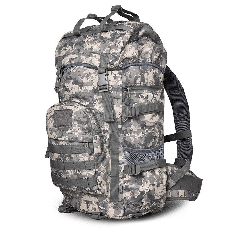 Khaki Tactical Camo Backpack 50L Capacity and Molle System for Mountaineering, Climbing, Hiking, and Travel