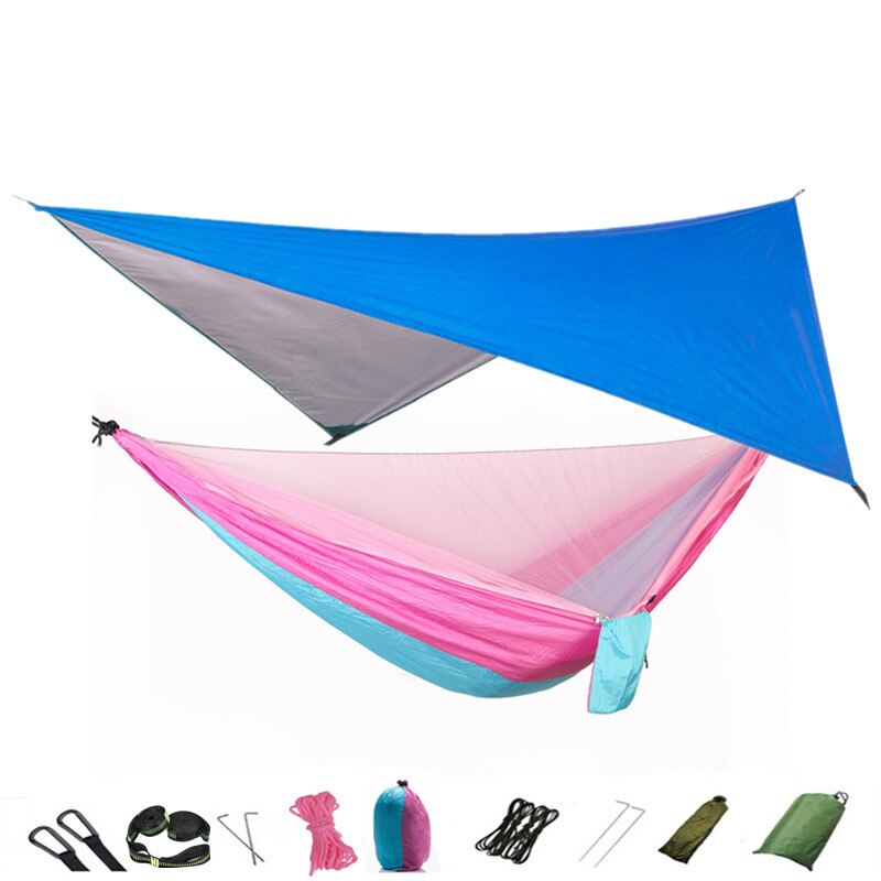 Lightweight Portable Travel Hammock With Mosquito Net + Canopy Awning 210T Nylon For Camping Hiking Backpacking