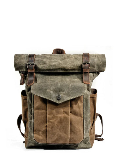 Luxury Vintage Oil Waxed Leather & Canvas Backpack Classic Style Retro Roll Top Rucksack For Hiking Backpacking Day Tripping & Travel