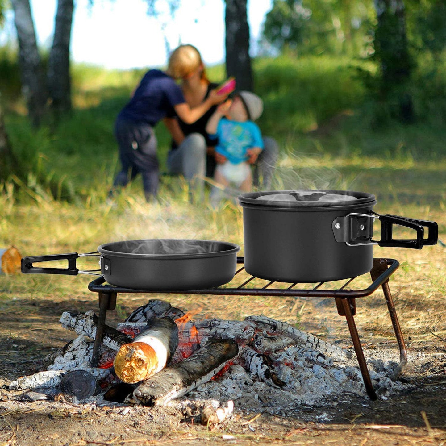 Camping Cooking Kettle Pots Pans Gas Stove Set Aluminum Cookware Stainless Steel Tableware for 2-3 People