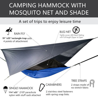 Lightweight Portable Travel Hammock With Mosquito Net + Canopy Awning 210T Nylon For Camping Hiking Backpacking