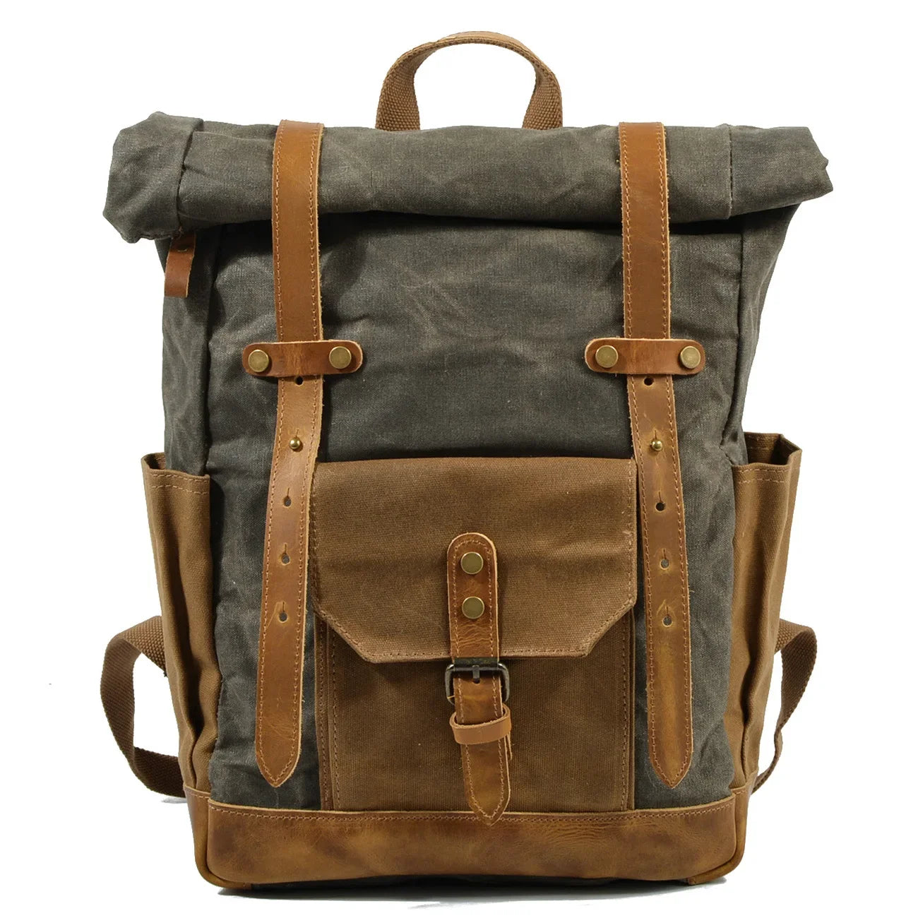 Luxury Vintage Oil Waxed Leather & Canvas Backpack Classic Style Retro Roll Top Rucksack For Hiking Backpacking Day Tripping & Travel