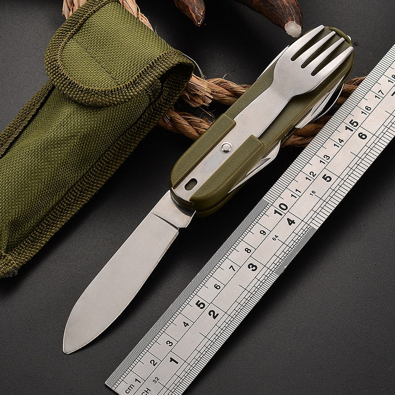 Multifunctional Stainless Steel Foldable Camping Cutlery Multi-Tool for Camping, Picnic, Hiking, and Travelling