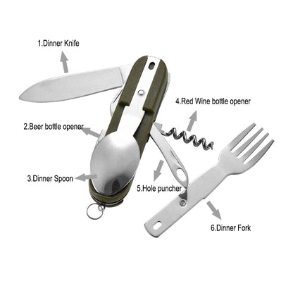 Multifunctional Stainless Steel Foldable Camping Cutlery Multi-Tool for Camping, Picnic, Hiking, and Travelling