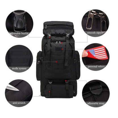 80L Waterproof Tactical Backpack For Camping Hiking Travel Backpacking - Multiple Storage Compartments & Molle Straps + Rainproof Cover